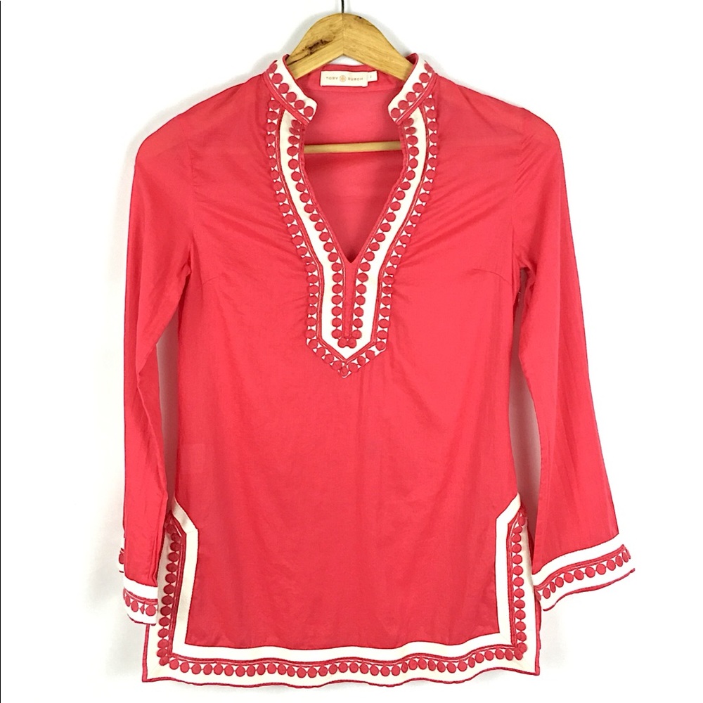 Tory Burch Pink White Embroidered Trim Tunic